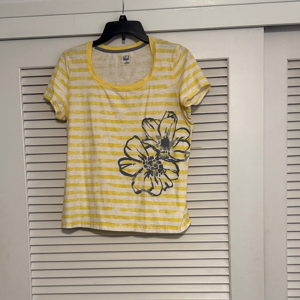 Yellow Striped Short Sleeve Tee with Floral Design